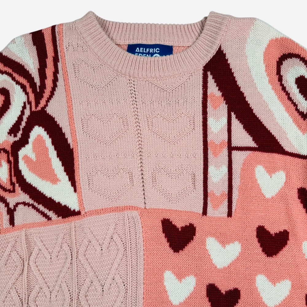 Aelfric Eden Heart Patchwork Sweater Womens Medium Pink Red Knit Oversized Y2K